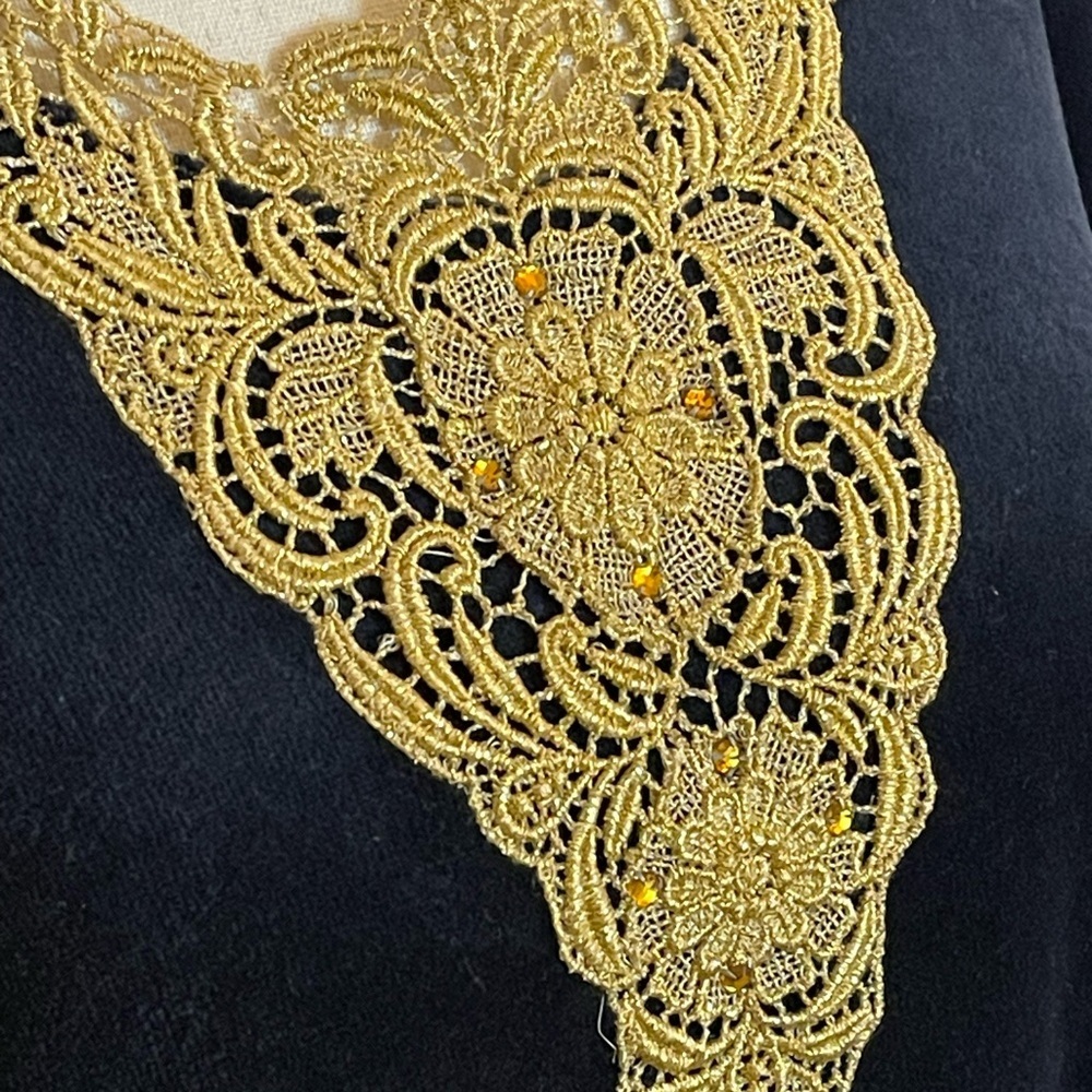 Vintage Ruth Norman NY Black Velvet Hostess Dress Gold Lace S - Picture 3 of 5